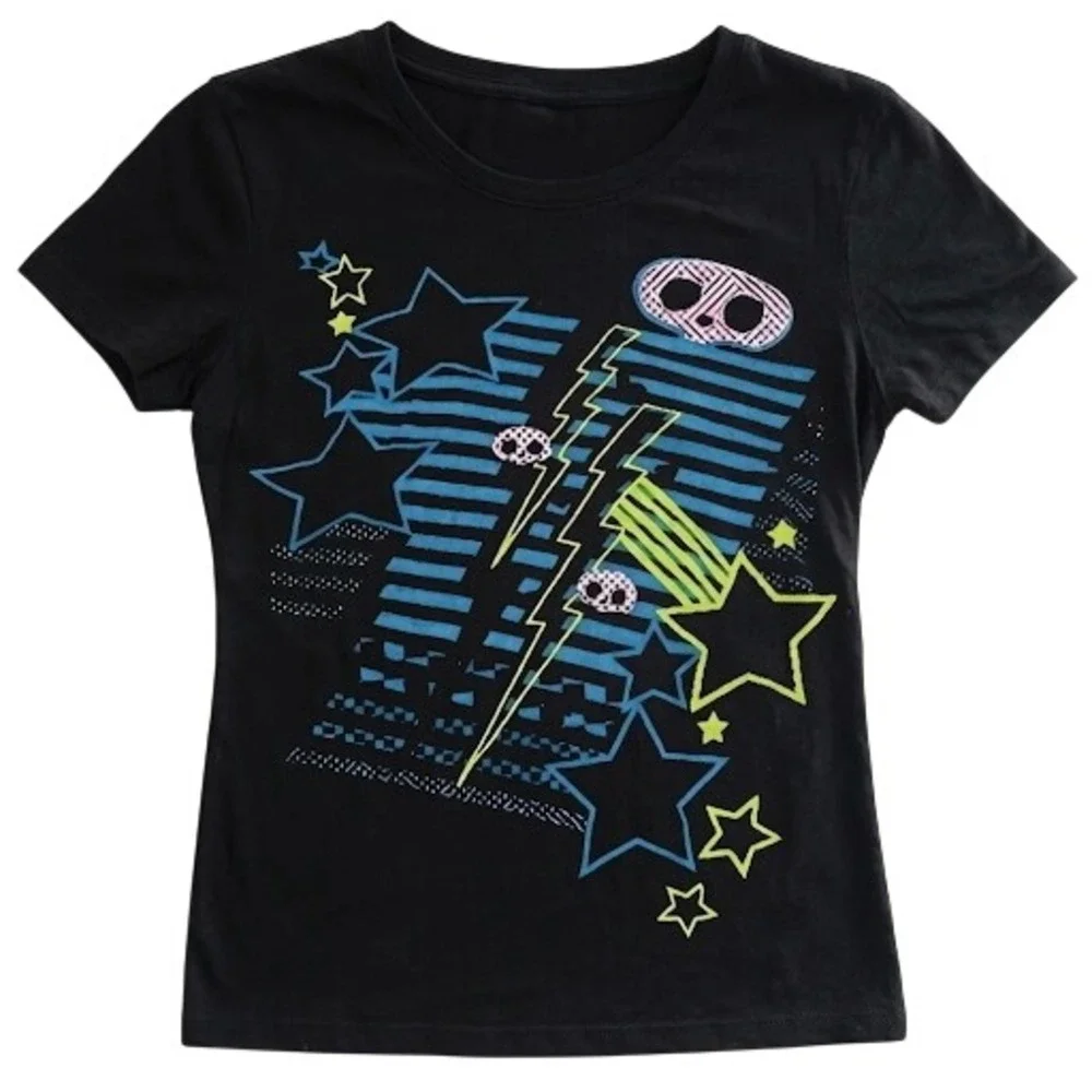 Vintage Y2K Graphic Tee Black Lightning Bolt Stars Retro Short Sleeve Shirt - Picture 1 of 2